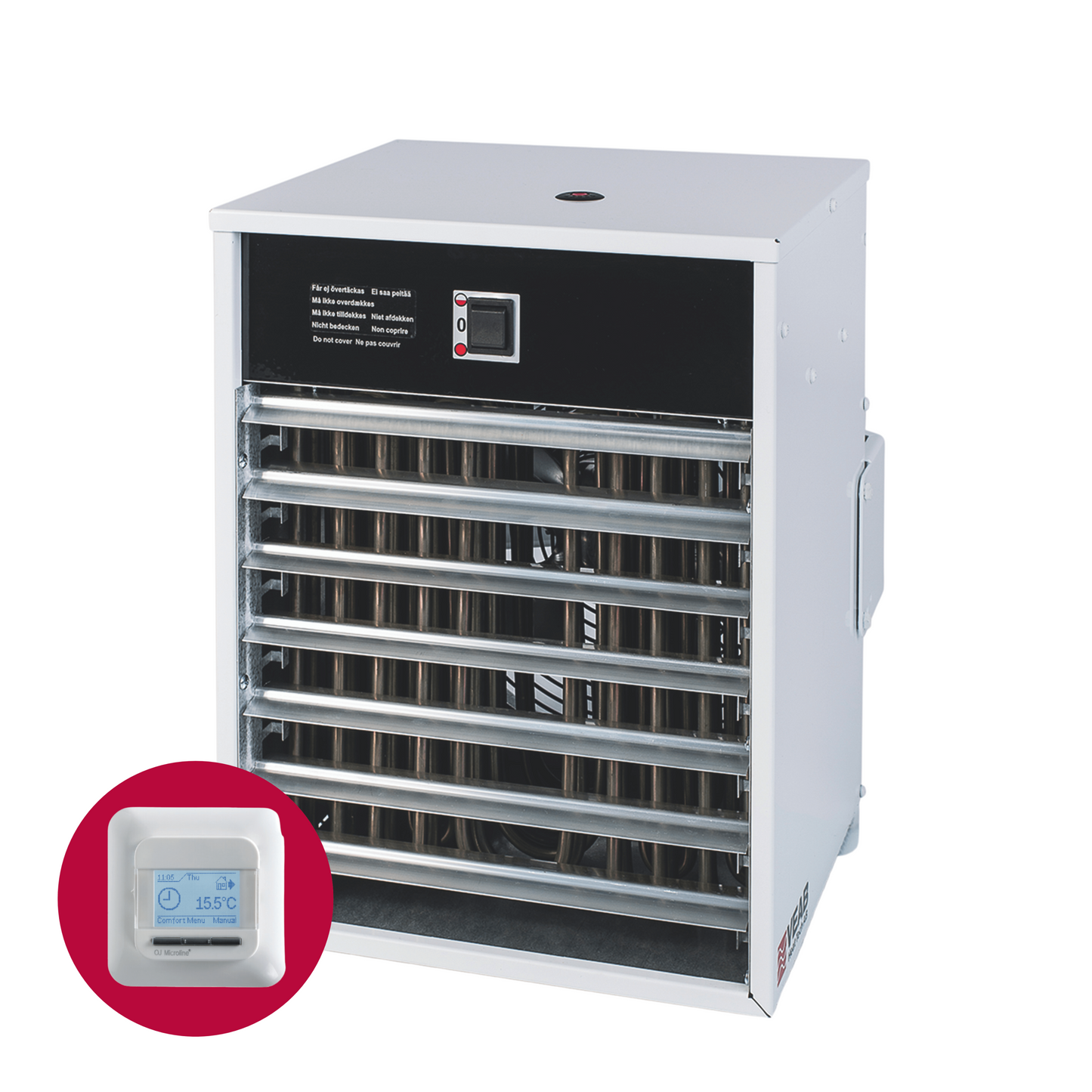 Elektro-Heizlüfter Veab ENV-L 9 kW mit externem Thermostat und verstellbarer Wandkonsole.