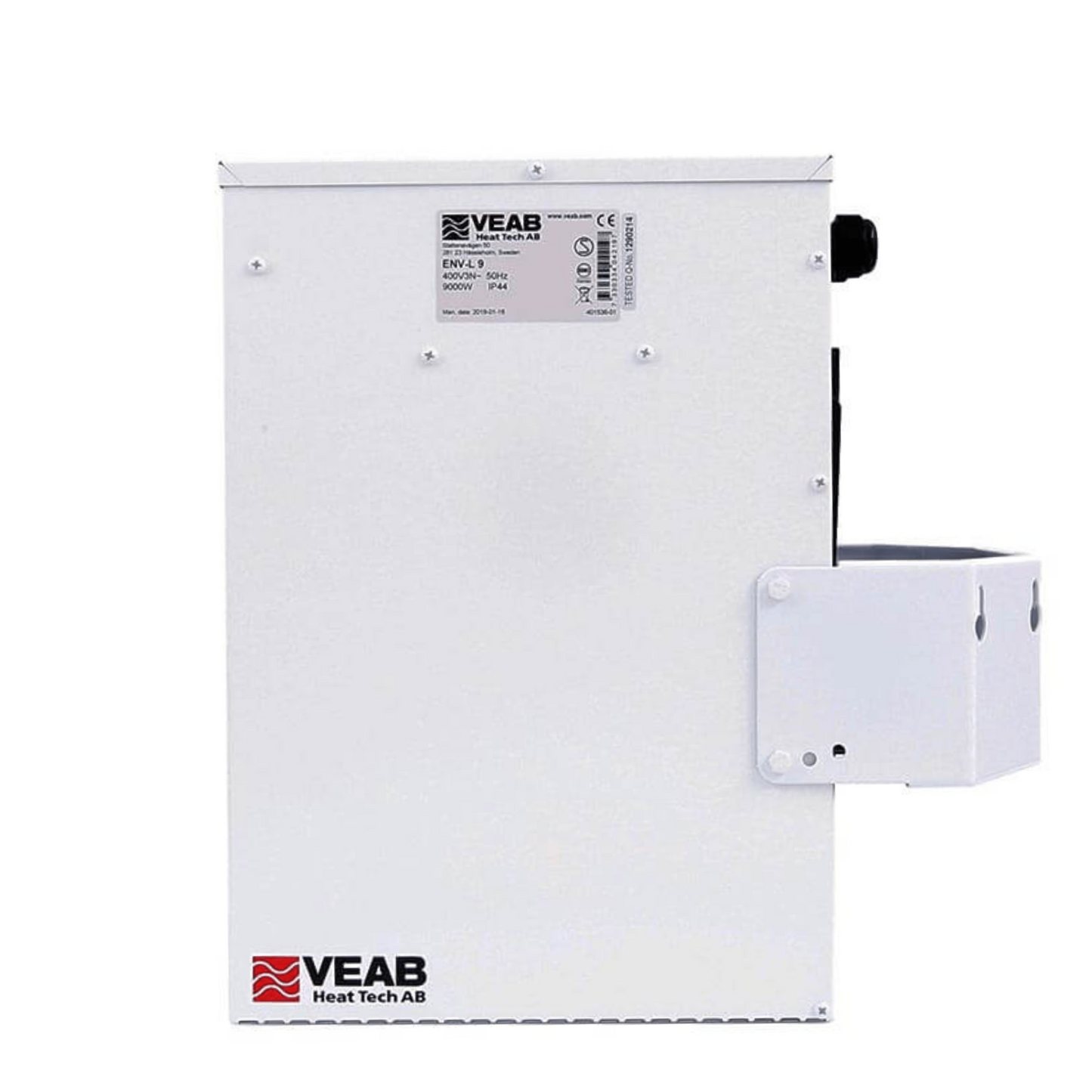 Elektro-Heizlüfter Veab ENV-L 9 kW mit Wandhalterung und externem Thermostat, robust für feuchte Räume.