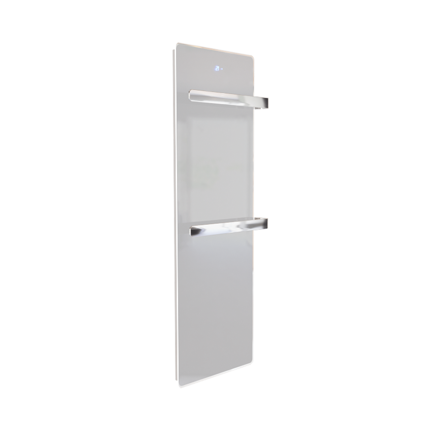 ZenSwiss furo Handtuchtrockner in Glanz Weiss mit integrierter Touch-Steuerung und polierten Handtuchhaltern.