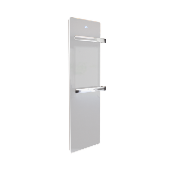 ZenSwiss furo Handtuchtrockner in Glanz Weiss mit integrierter Touch-Steuerung und polierten Handtuchhaltern.