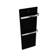 ZenSwiss furo Handtuchtrockner in glänzendem Schwarz mit hochwertiger Glasfront und zwei polierten Handtuchhaltern.