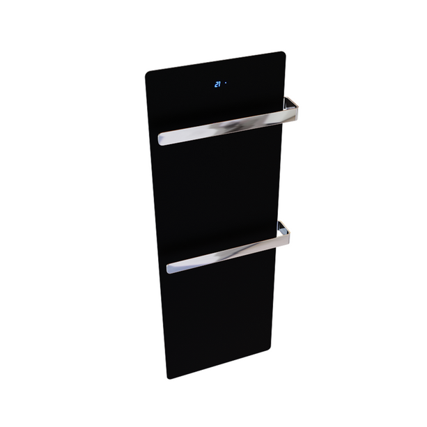 ZenSwiss furo Handtuchtrockner in glänzendem Schwarz mit hochwertiger Glasfront und zwei polierten Handtuchhaltern.