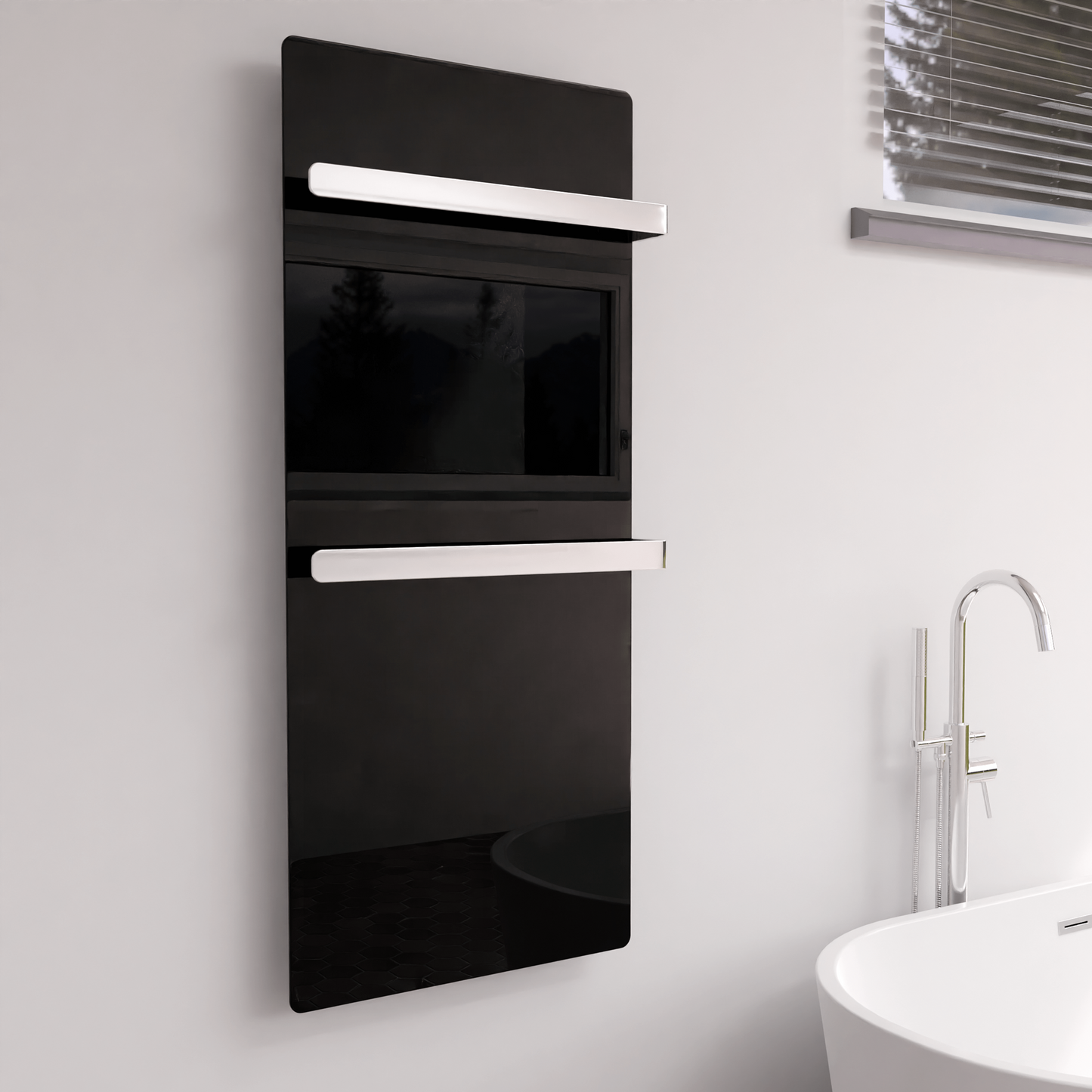 Matt schwarzer Handtuchtrockner ZenSwiss furo, 52 x 120 cm, mit integrierter Touch-Steuerung und zwei Handtuchhaltern.