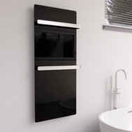 Matt schwarzer Handtuchtrockner ZenSwiss furo, 52 x 120 cm, mit integrierter Touch-Steuerung und zwei Handtuchhaltern.