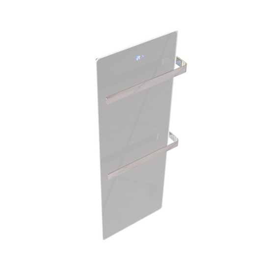 Handtuchtrockner ZenSwiss furo in Glanz Weiss, mit polierten Handtuchhaltern und versteckter Touch-Steuerung.