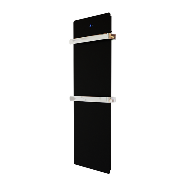 ZenSwiss furo Handtuchtrockner 42 x 120 cm in Glanz Schwarz mit glasfront und integrierter Touch-Steuerung.