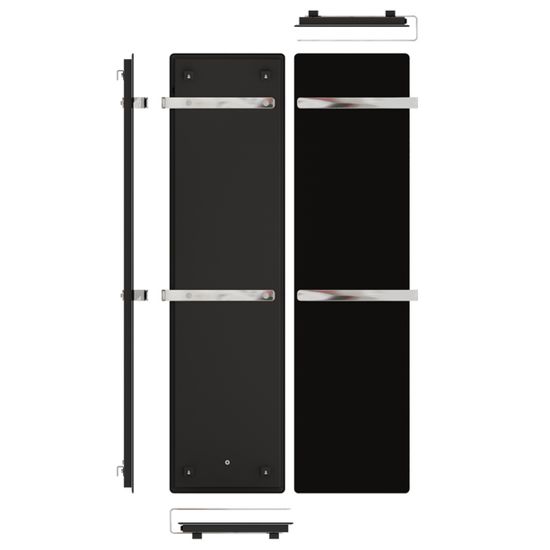 Handtuchtrockner ZenSwiss furo in glanzschwarz, mit integriertem Touch-Panel und zwei Handtuchhaltern.