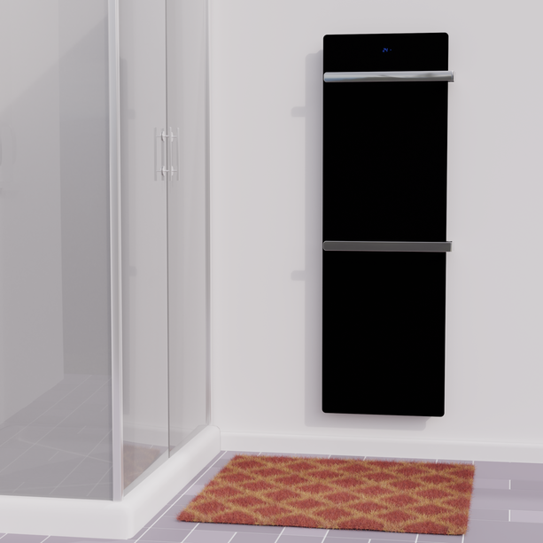 ZenSwiss furo Handtuchtrockner 42x160 cm in Glanz Schwarz mit zwei polierten Handtuchhaltern und integrierter Touch-Steuerung.