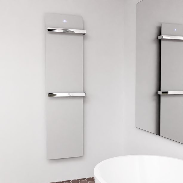 Eleganter Handtuchtrockner ZenSwiss furo aus hochwertigem Glas in Weiss, 42 x 160 cm, mit Touch-Steuerung.