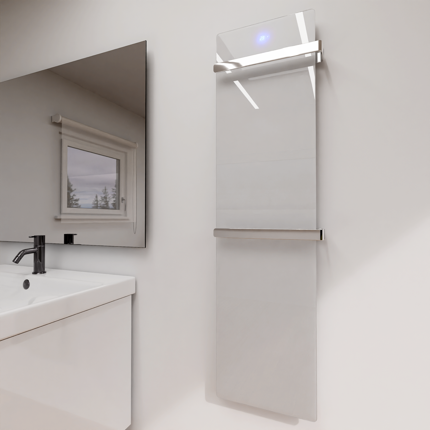 ZenSwiss Handtuchtrockner in Glanz Weiss (52 x 160 cm) mit zwei Handtuchhaltern und integrierter Touch-Steuerung.