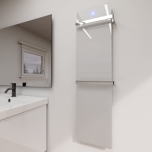 ZenSwiss Handtuchtrockner in Glanz Weiss (52 x 160 cm) mit zwei Handtuchhaltern und integrierter Touch-Steuerung.