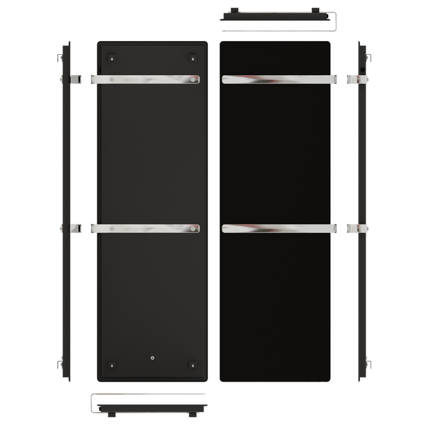 ZenSwiss furo Handtuchtrockner in Glanz Schwarz, designfreundlich mit 2 Handtuchhaltern und integrierter Touch-Steuerung.