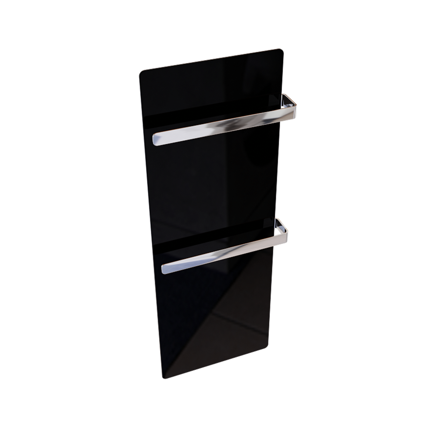 ZenSwiss furo Handtuchtrockner in Glanz Schwarz, flaches Design mit 2 Handtuchhaltern und integrierter Touch-Steuerung.