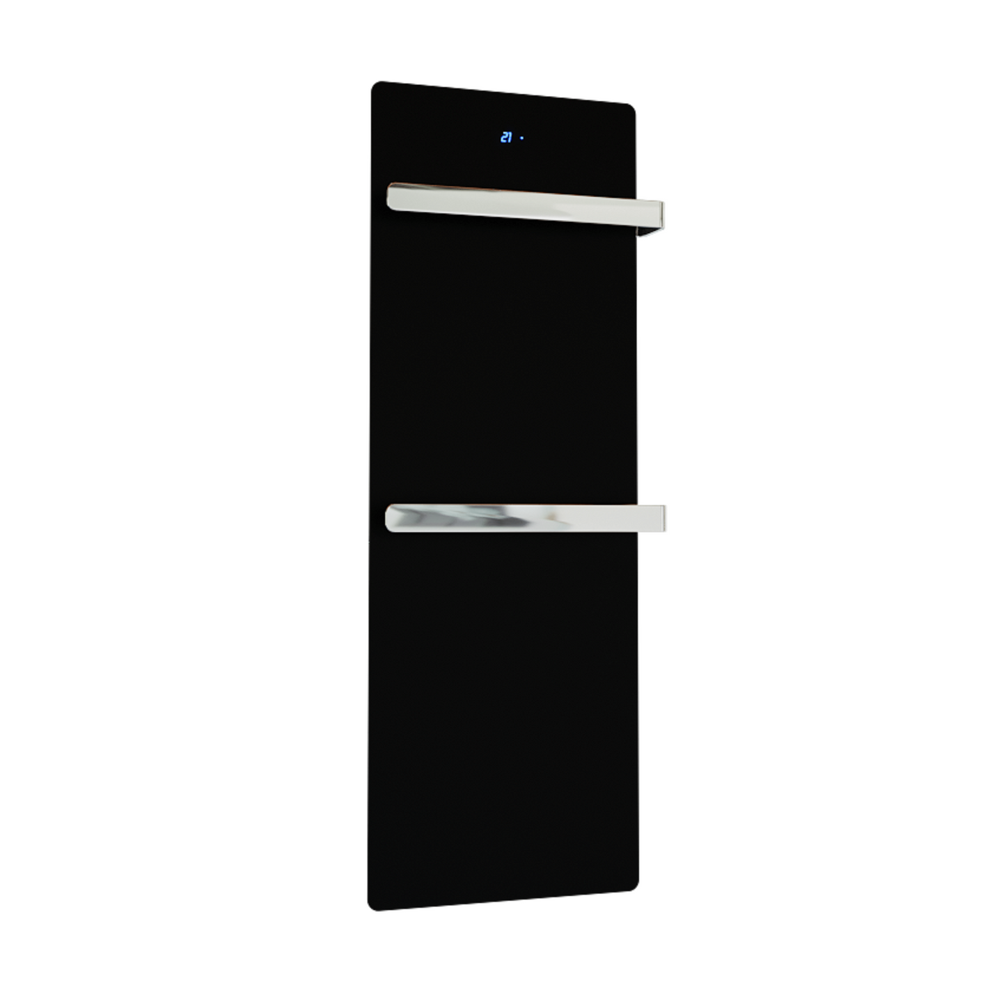 ZenSwiss furo Handtuchtrockner in Glanz Schwarz mit hochwertiger Glasfront und integrierter Touch-Steuerung.