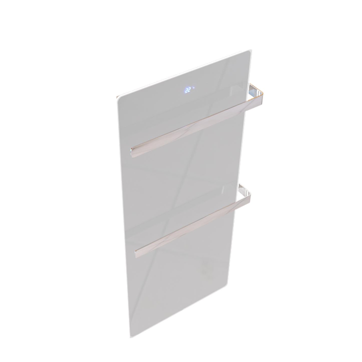 ZenSwiss furo Handtuchtrockner in Glanzweiss mit polierten Handtuchhaltern und integrierter Touch-Steuerung.