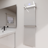 ZenSwiss furo Handtuchtrockner in Glanz Weiss, 42 x 160 cm, mit polierten Handtuchhaltern und Touch-Steuerung.