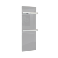 ZenSwiss furo Handtuchtrockner in Glanz Weiss, flaches Design mit zwei Handtuchhaltern und integrierter Touch-Steuerung.