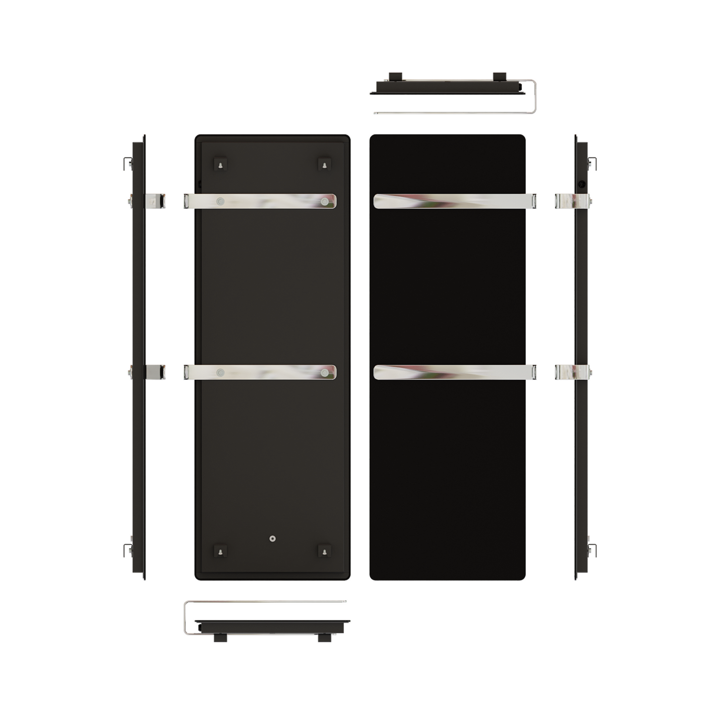 ZenSwiss furo Handtuchtrockner in matt schwarz, 42 x 120 cm, mit Touch-Steuerung und polierten Halterungen.