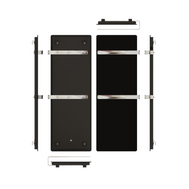 ZenSwiss furo Handtuchtrockner in matt schwarz, 42 x 120 cm, mit Touch-Steuerung und polierten Halterungen.