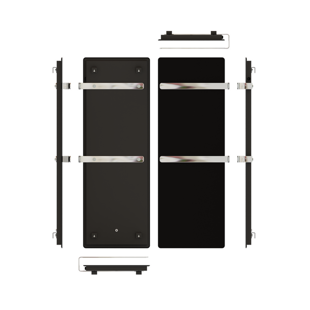 ZenSwiss furo Handtuchtrockner in matt schwarz, 42 x 120 cm, mit Touch-Steuerung und polierten Halterungen.