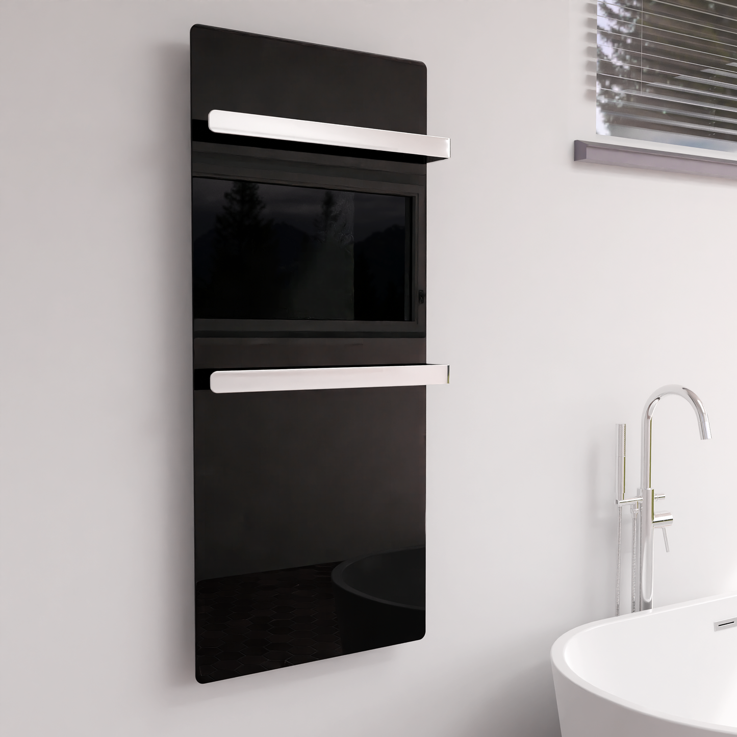 Matt schwarzer Handtuchtrockner ZenSwiss furo 42 x 120 cm mit zwei polierten Handtuchhaltern und Touch-Steuerung.