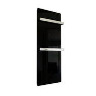 Handtuchtrockner ZenSwiss furo in Matt Schwarz, 52 x 120 cm, mit integrierter Touch-Steuerung und zwei Handtuchhaltern.