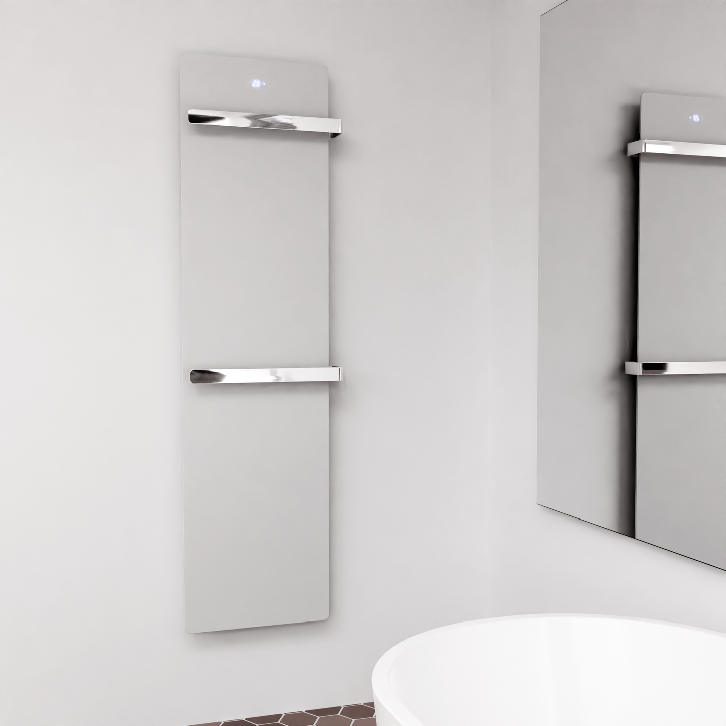 ZenSwiss furo Handtuchtrockner in Matt Weiss, 52 x 160 cm, mit polierten Handtuchhaltern und versteckter Touch-Steuerung.