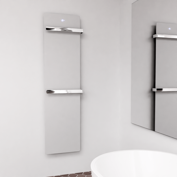 ZenSwiss furo Handtuchtrockner in Matt Weiss, 52 x 160 cm, mit polierten Handtuchhaltern und versteckter Touch-Steuerung.