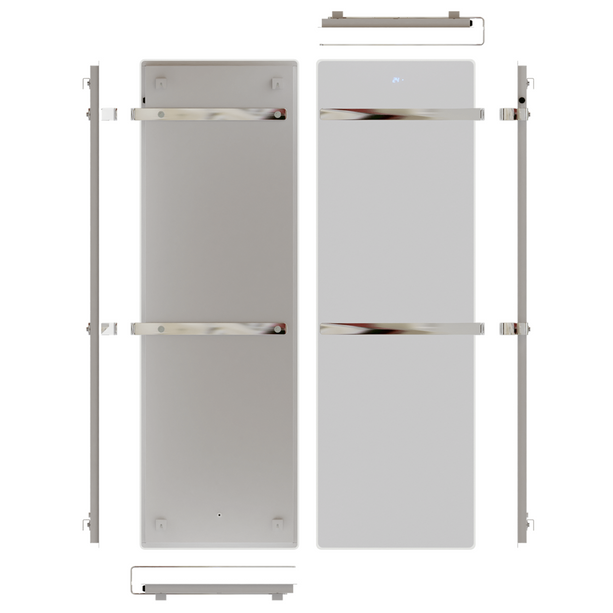 ZenSwiss furo Handtuchtrockner in Matt Weiss mit polierten Handtuchhaltern und Touch-Steuerung.